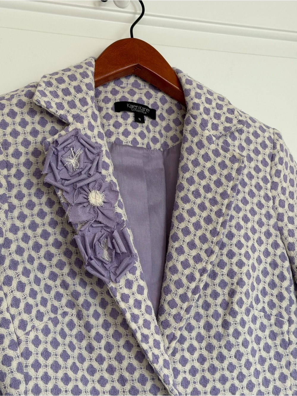 Karen Kane Customizable Jacquard Lavender Blazer Floral Appliqué Jacket Size 4